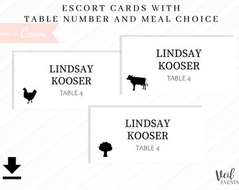 Custom EDIT Wedding Escort and Place Cards with table number and meal choice, meal icon, beef chicken, cow, veggie, Canva Template, Download