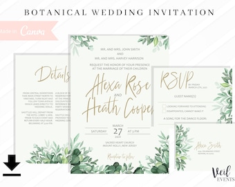 Botanical Wedding Invitation & RSVP | Instant Canva Template, Watercolor Greenery Theme Green Sage Eucalyptus Beautiful Wedding Stationery