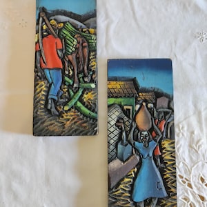Vintage Hand Carved African Wood Panels: Signed Folk Art Wall Decor