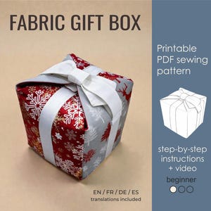 Cartamodello PDF per scatola regalo in tessuto, confezione regalo natalizia con fiocco riutilizzabile, tutorial per principianti