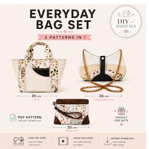 Könnte beinhalten: Ein Alltags-Taschen-Set mit drei Mustern, darunter eine Tragetasche (30 cm), eine Umhängetasche (28 cm) und eine Handgelenktasche (20 cm). Die Taschen weisen florale Muster und neutrale Farben auf. Der Text "Everyday Bag Set" und "3 Patterns in 1" ist enthalten.