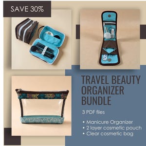 Pode incluir: Um conjunto de organizadores de beleza de viagem com uma bolsa de cosméticos transparente, uma bolsa de cosméticos de 2 camadas e um organizador de manicure. A imagem mostra bolsas de cosméticos em tons de castanho, verde-azulado e transparente, com o texto "SAVE 30%" no canto superior esquerdo.