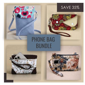 Puede incluir: Un conjunto de bolsas para teléfono con cuatro diseños diferentes. Una es una bandolera de mezclilla azul claro con una solapa estampada con gatos y corazones. Otras bolsas incluyen estampados florales y geométricos. Se muestra el texto "PHONE BAG BUNDLE".