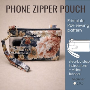 Modello PDF per custodia con cerniera per telefono / Opzione tracolla / Tutorial di cucito per principianti / Modello per borsa fai da te