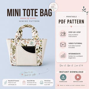 Könnte beinhalten: Ein Mini-Tote-Bag-Schnittmuster mit floralem Design. Die Tasche hat eine cremefarbene Basis, eine schwarze Tasche und Griffe mit floralem Muster. Das Bild enthält auch ein PDF-Muster mit Schritt-für-Schritt-Anleitungen und ein Video-Tutorial.