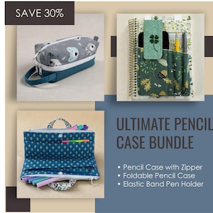 Pode incluir: Um Ultimate Pencil Case Bundle é mostrado, incluindo um estojo com zíper com um padrão de coala, um estojo dobrável e um porta-canetas com faixa elástica. O texto "SAVE 30%" está no canto superior esquerdo. O texto "ULTIMATE PENCIL CASE BUNDLE" está no canto inferior direito.