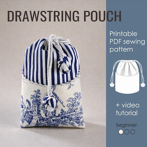 DIY Drawstring Pouch Sewing Pattern: Toile de Jouy & Stripes (PDF Pattern)
