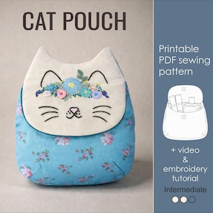 Patrón PDF para neceser infantil con diseño de gato / Tutorial de costura para neceser bordado
