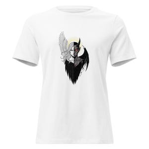 May include: White t-shirt featuring a split graphic of an angel and a demon. The angel side has white wings and a halo, while the demon side has horns and black wings. The design is centered on the shirt.