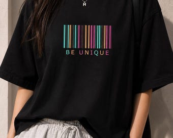 Be Unique Barcode Graphic Tee, Colorful Y2K Minimalist Shirt