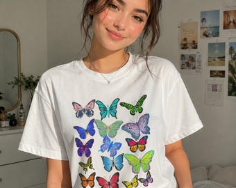 Colorful Butterfly Collage T-Shirt | Vibrant Multi Butterfly Design