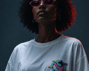 90s Pink Whale Pocket T-Shirt, Memphis Retro Graphic Tee, Kawaii Y2K Style