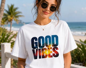 Good Vibes T-Shirt | Retro Sunset Text Beach Graphic