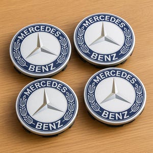 Mercedes-Benz Wheel Caps (Set of 4): Silver & Blue, 75mm Replacement