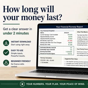 Może przedstawiać: Laptop wyświetla raport finansowy zatytułowany "Your Financial Runway Report". Ekran pokazuje wskaźniki finansowe, w tym dochody i wydatki, z tekstem "How long will your money last?" i "Get a clear answer in under 2 minutes."