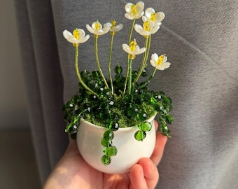 Planta artificial com flores de miçangas feitas à mão – Decoração de mesa com folhagem artificial.