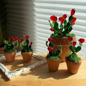 May include: Glass cactus sculptures in terracotta pots. The cacti have green glass pads and red heart-shaped flowers. The pots are filled with green moss, and the scene is set on a wooden surface with a white decorative frame.
