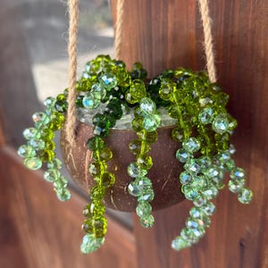 May include: A hanging decorative planter made from a coconut shell, filled with clear glass beads in shades of green. The planter is suspended by a natural fiber rope, creating a unique and eye-catching display.