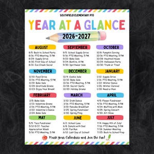 Op de afbeelding: Een Southfield Elementary PTO Year at a Glance 2026-2027 kalender met een kleurrijke potloodafbeelding, maandkoppen in diverse kleuren en een lijst met schoolevenementen van augustus tot juli, eindigend met de tekst Mark Your Calendars and Join the Fun!