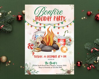 Christmas Bonfire Party Invitation: S'mores Holiday Invite (Canva Editable)