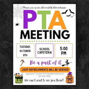 May include: A white flyer for a Bloomfield Elementary PTA meeting with Halloween graphics including a spider web, bats, a witch, and pumpkins. The text includes event details for Tuesday, October 9th at 5:00 PM in the school cafeteria.