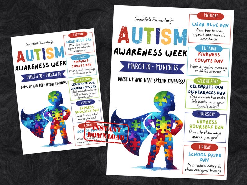 Autism Awareness Spirit Week Flyer, School Autism Acceptance Events ...