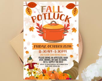 Fall Potluck Flyer Template, Autumn Luncheon Invite, Editable Printable (Canva)