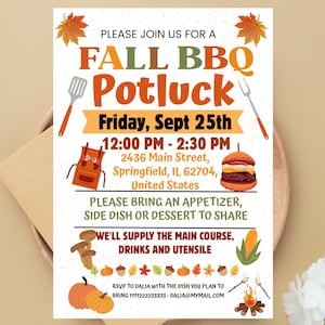 May include: A fall-themed invitation for a BBQ potluck. The design features orange, green, and brown text with illustrations of a spatula, fork, apron, hamburger, pumpkins, and fall leaves. The event is on Friday, September 25th, from 12:00 PM to 2:30 PM.