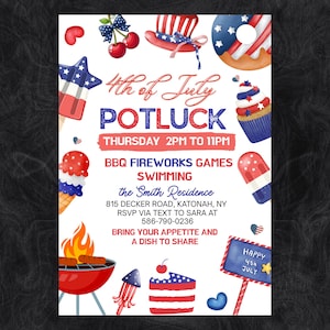 Pode incluir: Um folheto de convite para um potluck de 4 de julho com ilustrações em vermelho, branco e azul de cartola, donut, cupcake, picolé, sorvete e churrasqueira. O texto inclui 4th of July POTLUCK, THURSDAY 2PM TO 11PM, BBQ FIREWORKS GAMES SWIMMING, the Smith Residence, 815 DECKER ROAD, KATONAH, NY, RSVP VIA TEXT TO SARA AT 586-790-0236, BRING YOUR APPETITE AND A DISH TO SHARE e HAPPY 4TH JULY.