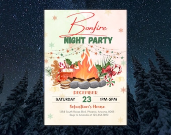 Christmas Bonfire Party Invitation: S'mores Holiday Invite (Canva Editable)