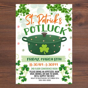 Op de afbeelding: Een uitnodiging voor een St. Patrick's Potluck met een groene potillustratie en klaveraccenten. De tekst bevat de datum, tijd en locatie van het evenement. Gasten worden gevraagd een gerecht mee te nemen.