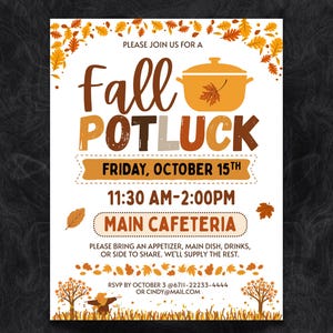 Sjabloon voor een flyer voor een herfstpotluck, uitnodiging voor een herfstfeest op school (bewerkbaar via Canvas)
