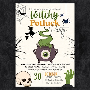 May include: A Halloween party invitation flyer featuring a purple cauldron with a large eyeball, green bubbling liquid, a flying witch silhouette, a spider web, spiders, a skull, and a green zombie hand, with text details for October 30.