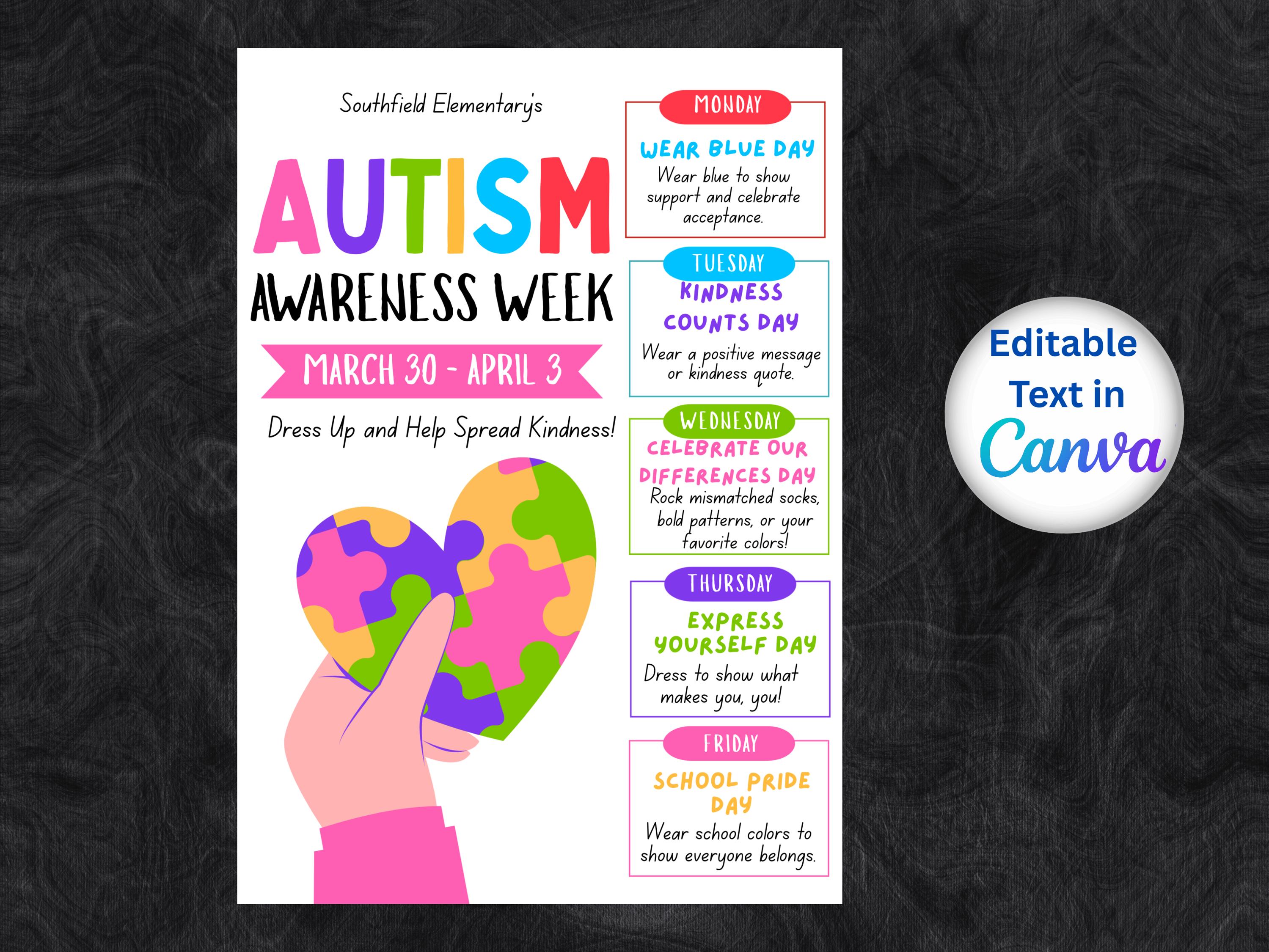 Autism Awareness Spirit Week Flyer, School Autism Acceptance Events ...