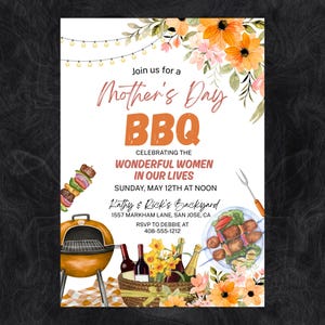 May include: A Mother's Day BBQ invitation with watercolour illustrations. Features text "Join us for a Mother's Day BBQ" with floral and barbecue-themed graphics. Includes event details: date, time, location, and RSVP information.