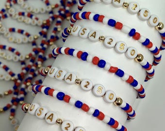 Bracelet personnalisé America 250/cadeau américain 250e anniversaire/bracelet de perles personnalisé/cadeau d'événement en gros pour écoles entreprises églises