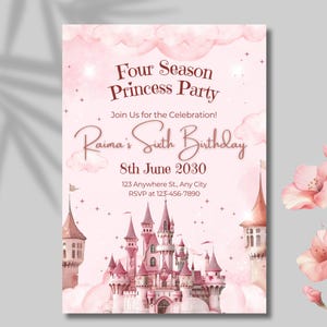 Editable Four ever a Princess 4th Birthday Invitation Canva Template | Royal Princess Magical Castle Birthday | Floral Princess Invite.