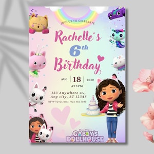 Editable Gabbys Dollhouse Birthday Invitation | Gabby&#39;s Kids Birthday invite | Pandy Template Editable Printable | Digital Bday Party Invite