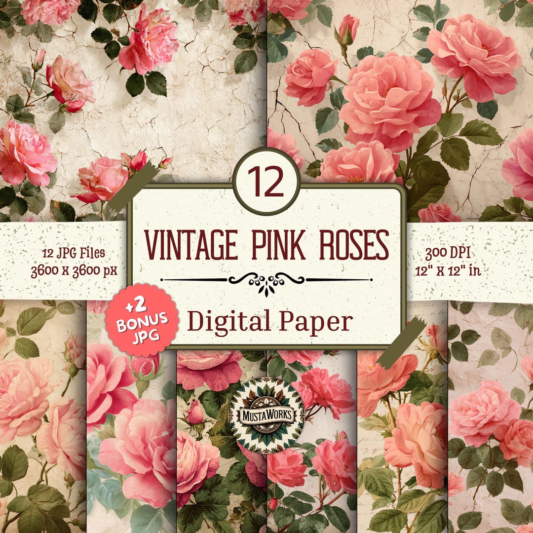 Vintage Pink Roses Digital Paper Pack – 12 Romantic Floral Background ...