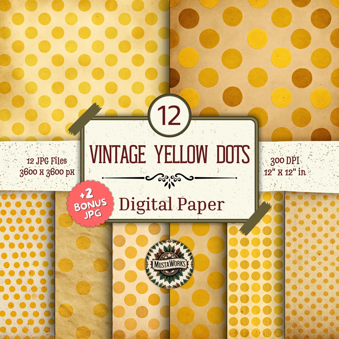 Vintage Yellow Dots Digital Paper Pack – 12 Polka Dot Designs +2 Bonus ...