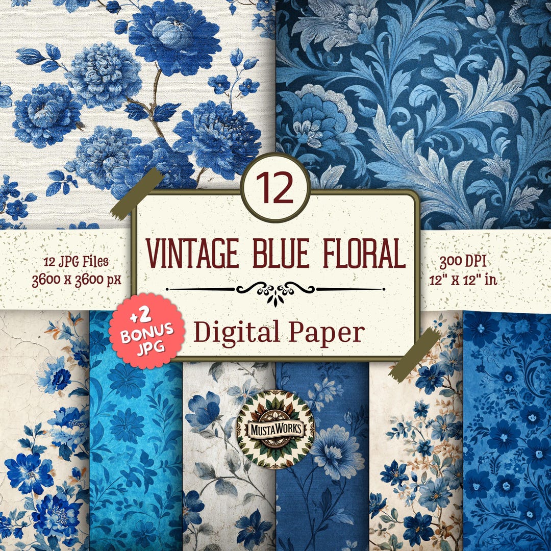Vintage Blue Floral Digital Paper Pack – 12 Elegant Flower Background ...