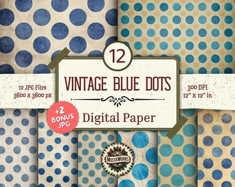Digitaal papierpakket vintage blauwe stippen – 12 polkadotontwerpen + 2 bonuspapieren – zachtblauwe texturen voor scrapbooking, knutselen, rommeljournaal
