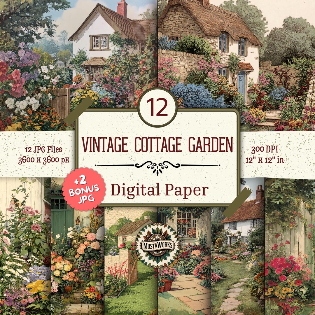 Vintage Cottage Garden Digital Paper Pack – 12 Floral Designs +2 Bonus ...