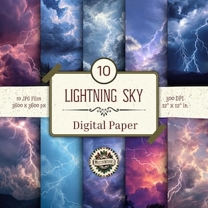 May include: A digital paper pack featuring ten images of lightning storms in various colors. The images include dramatic skies with bolts of lightning. The text on the image reads "Lightning Sky Digital Paper" and "300 DPI 12" X 12" in".