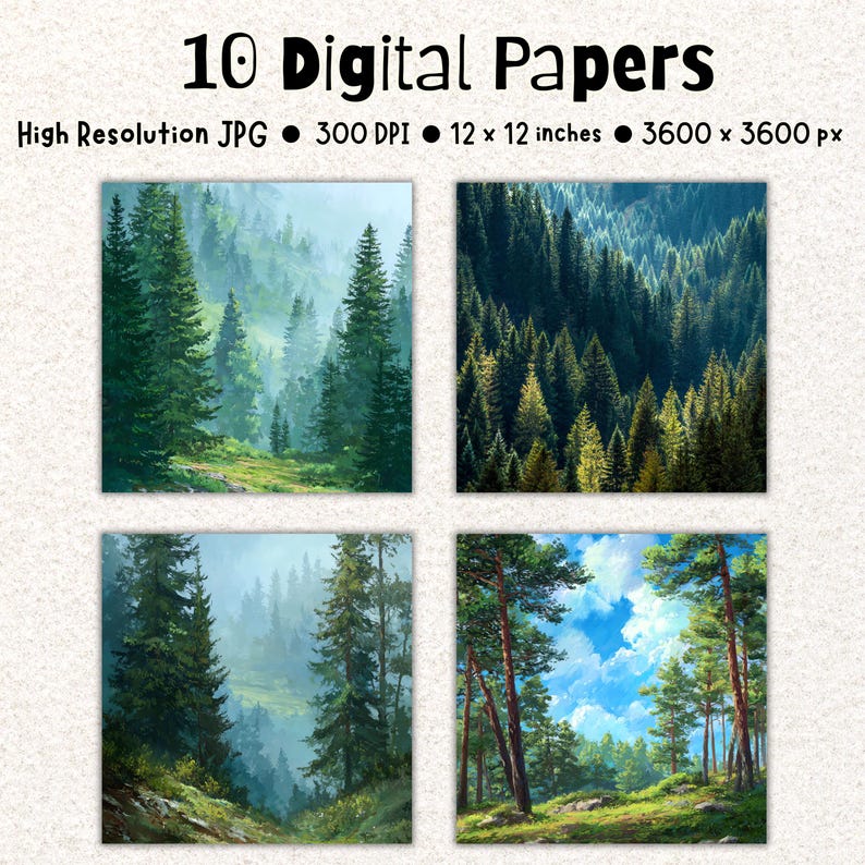 Pine Forest Digital Paper Pack – 10 Evergreen Woodland Backgrounds ...
