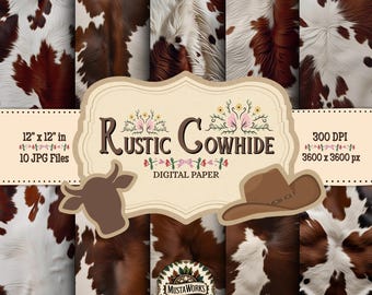 Rustic Cowhide Digital Paper Pack – 10 Seamless Western Patterns – 12x12" Scrapbook Backgrounds – High Resolution 300 DPI – Instant Download