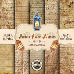 Könnte beinhalten: Digitales Papierpaket mit Vintage-Arabisch-Schrift auf gealtertem Pergament. Das Design umfasst dekorative Laternen und den Text "Vintage Arabic Writing" und "Digital Paper". Das Paket enthält 10 JPG-Dateien, je 30,48 x 30,48 cm.