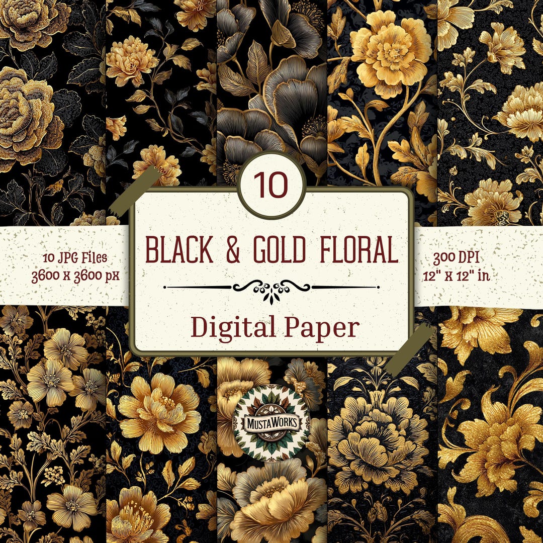 Black and Gold Floral Digital Paper Pack – 10 Elegant Botanical ...