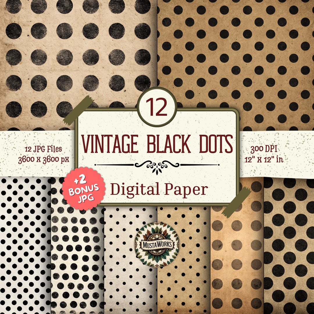 Vintage Black Dots Digital Paper Pack – 12 Polka Dot Designs +2 Bonus ...
