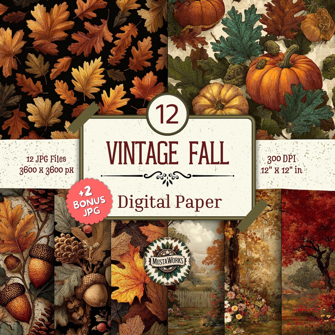 Vintage Fall Digital Paper Pack – 12 Autumn Background Designs + 2 ...